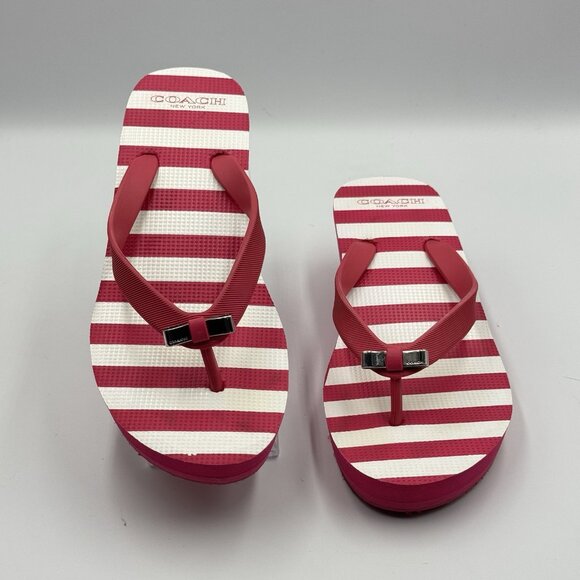 Coach Loralyn Red/White Stripe Wedge Thong Slip On Sandals Flip Flops Sz US 6 - Picture 2 of 8
